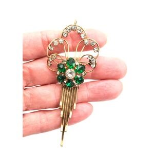 Vtg M&S Gold Filled Brooch Screw Back Earrings Green Crystal Articulated Fringe